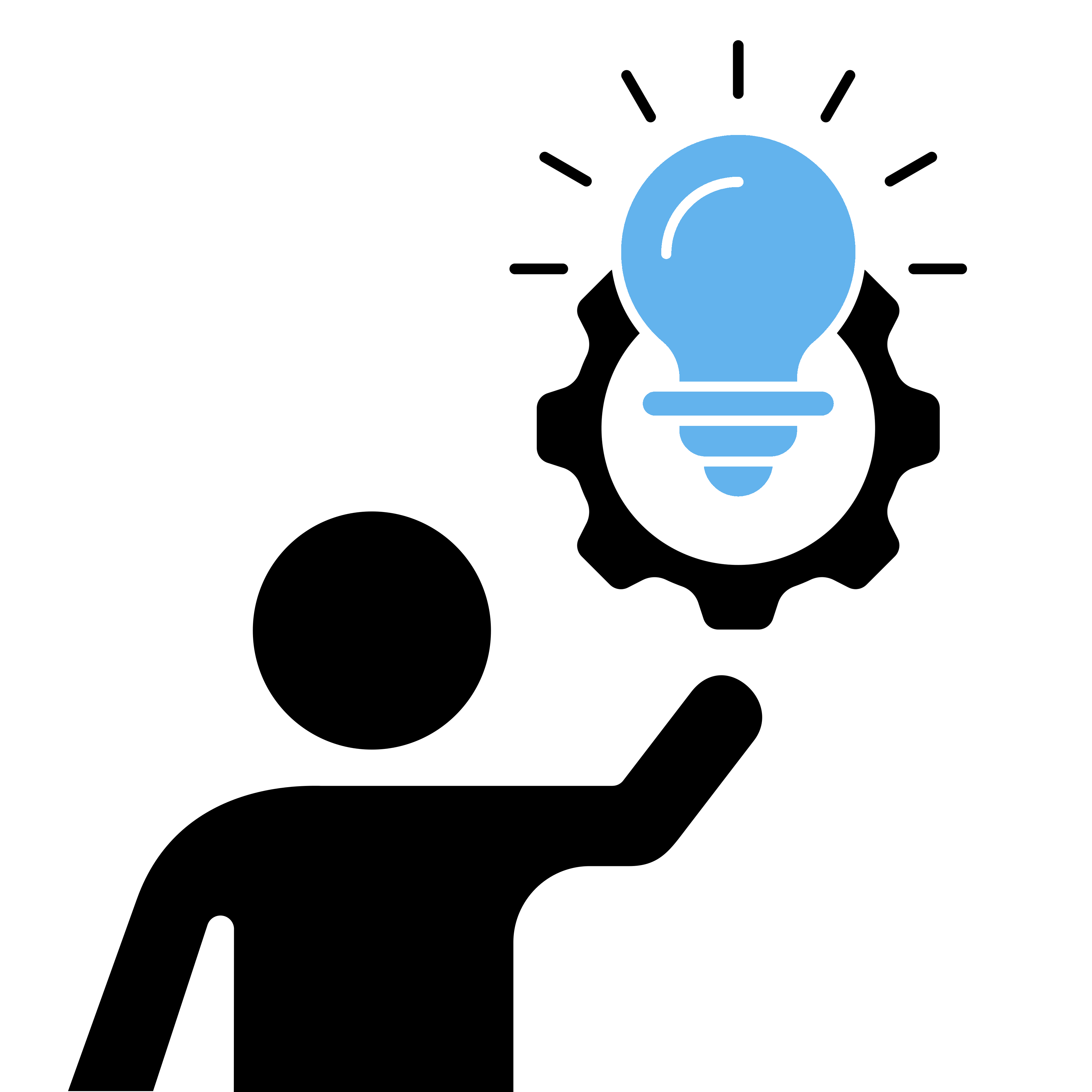 A graphic of a man holding an idea icon that is inside a gear.